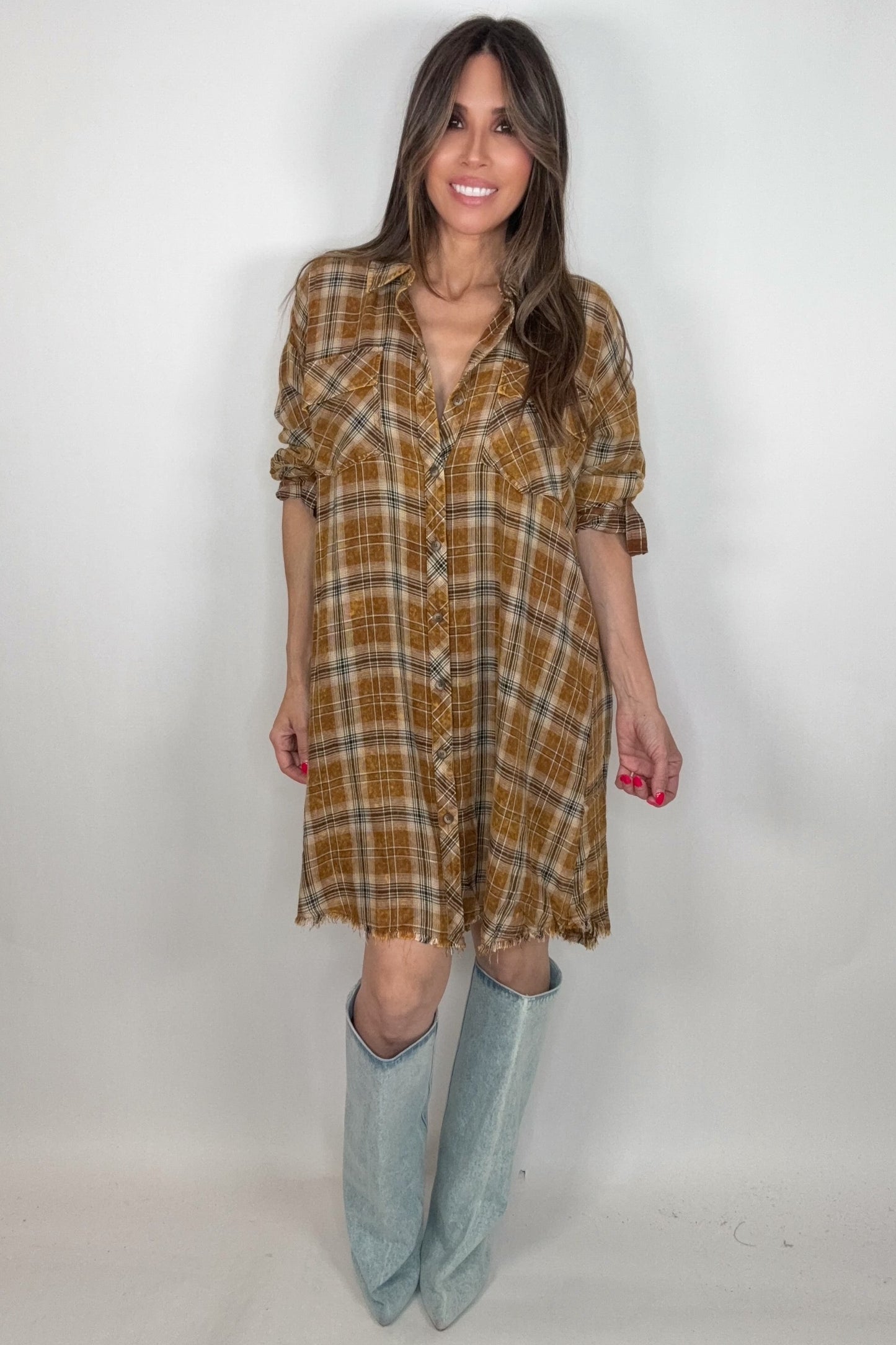 Toffee Washed Plaid Shirt Dress - Born To Glam Born To Glam