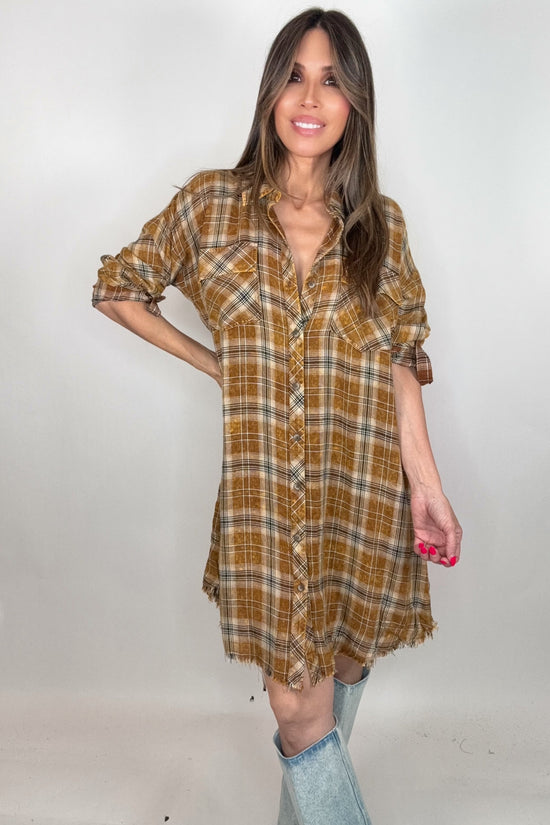 Toffee Washed Plaid Shirt Dress - Born To Glam Born To Glam