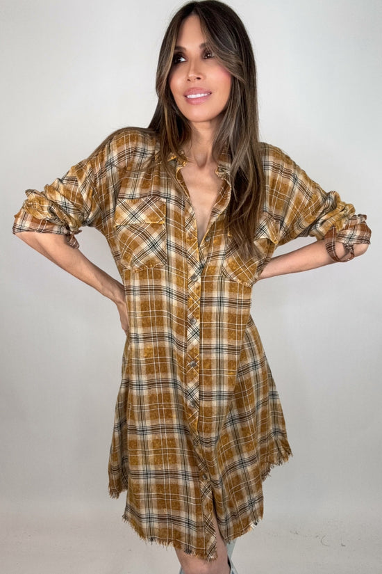 Toffee Washed Plaid Shirt Dress - Born To Glam Born To Glam