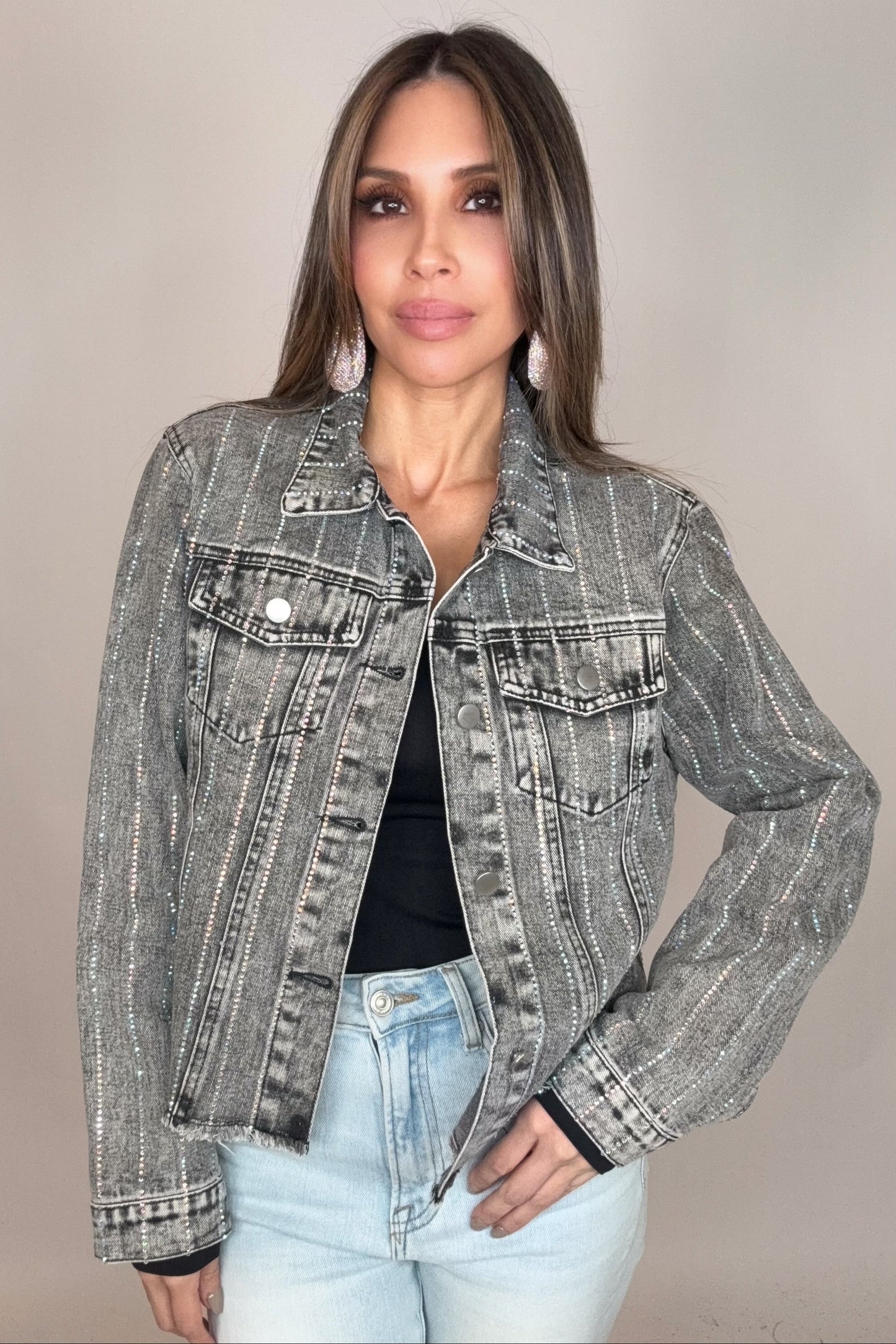 Grey Crystal Stripe Denim Jacket - Born To Glam Born To Glam