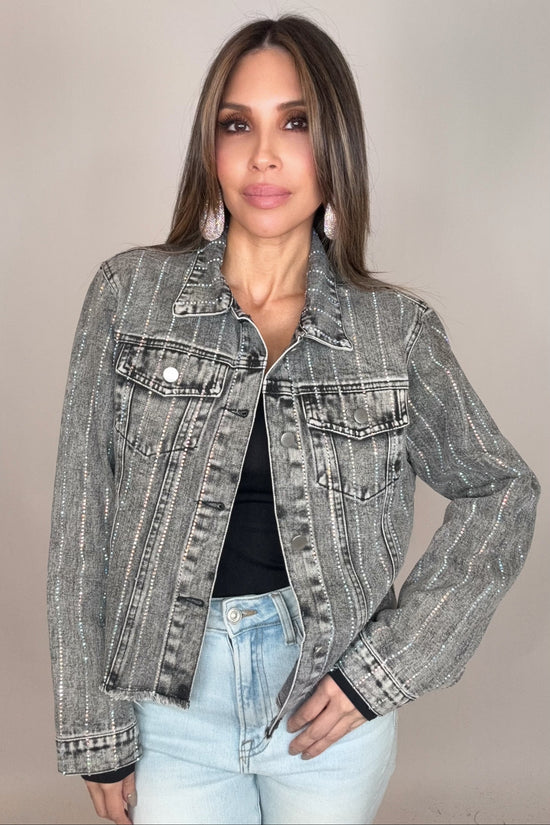 Grey Crystal Stripe Denim Jacket - Born To Glam Born To Glam