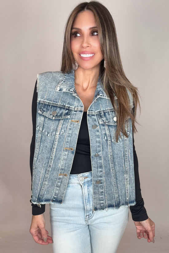 Blue Crystal Stripe Denim Vest - Born To Glam Born To Glam