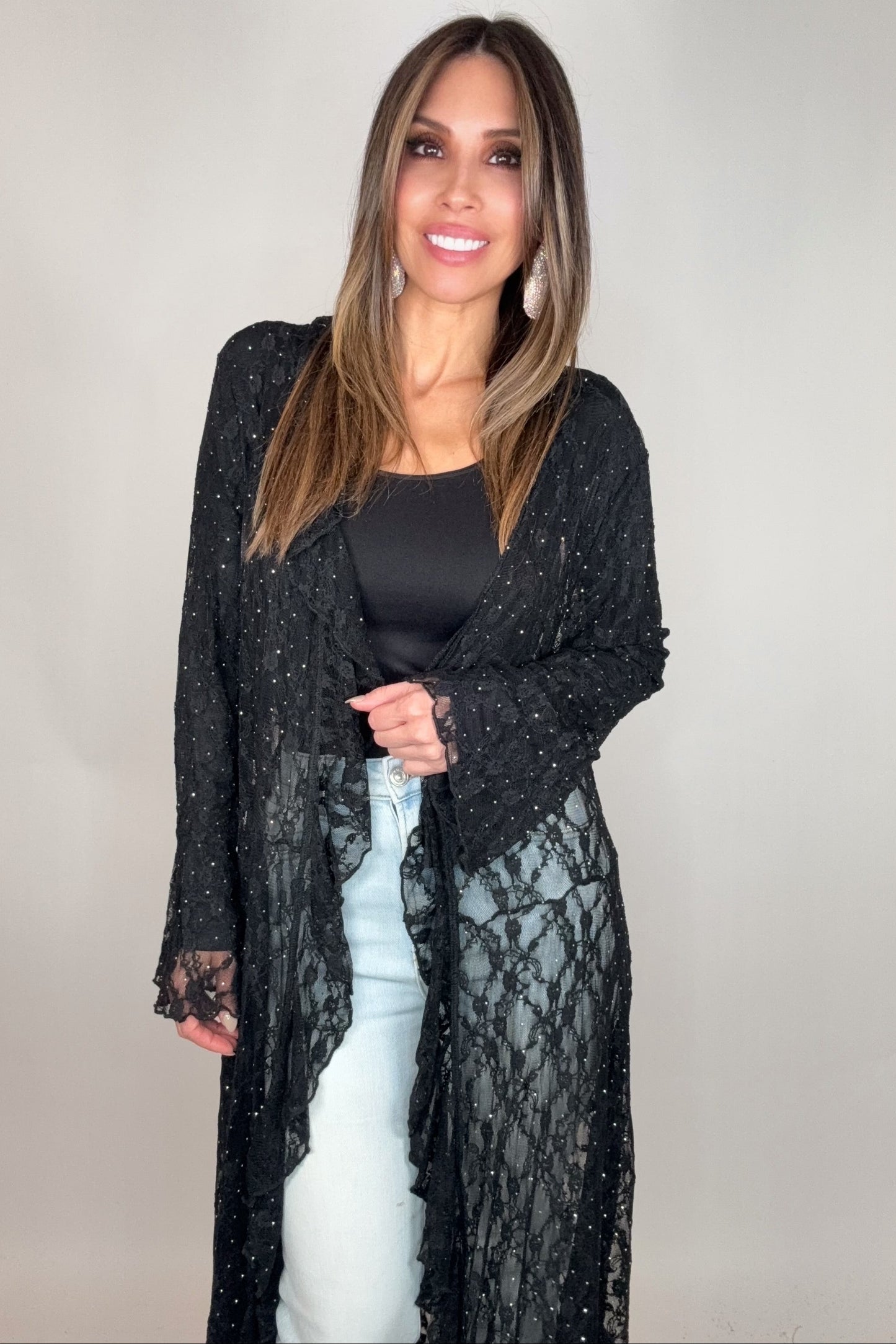Black Lace Ruffle Sparkle Duster - Born To Glam Born To Glam