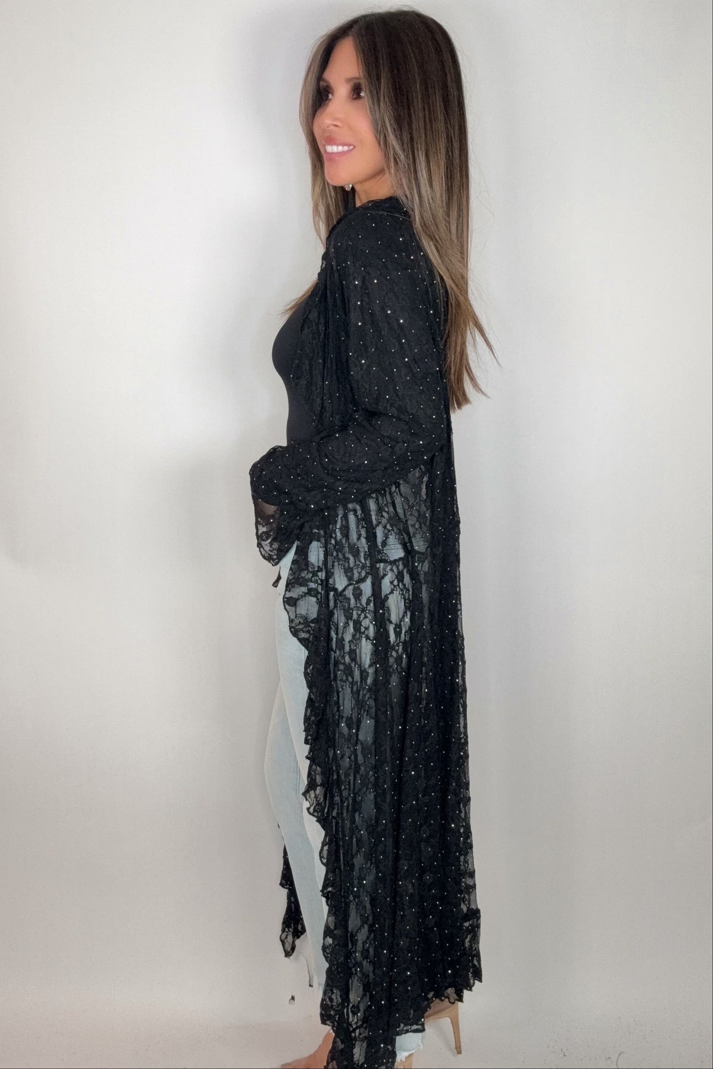 Black Lace Ruffle Sparkle Duster - Born To Glam Born To Glam