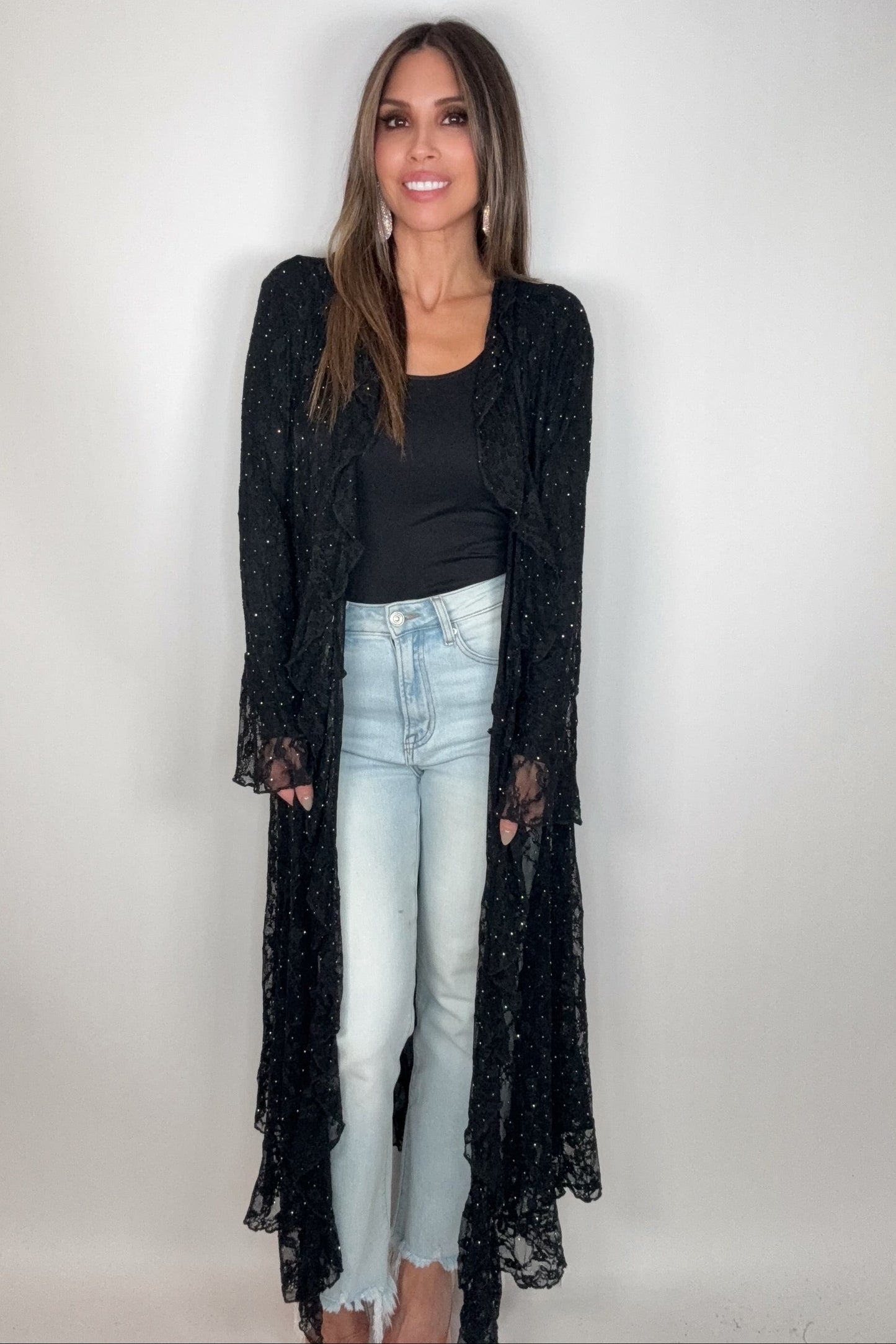 Black Lace Ruffle Sparkle Duster - Born To Glam Born To Glam