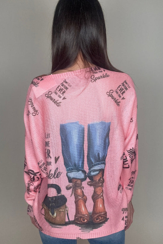 Pink Fashion Knit Round Neck Printed Sweater - Born To Glam Born To Glam