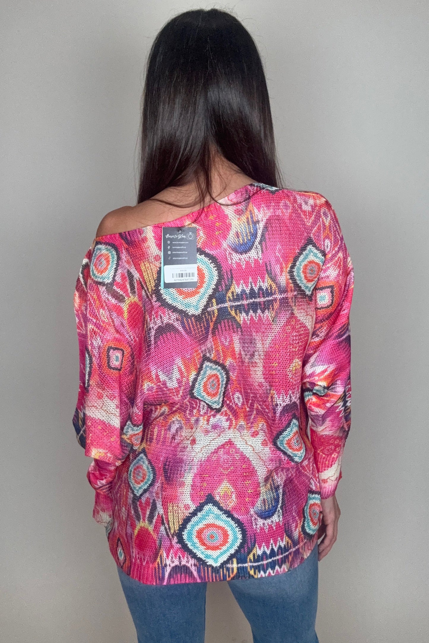Fuchsia Tribal Ikat Round Knit Printed Sweater - Born To Glam Born To Glam