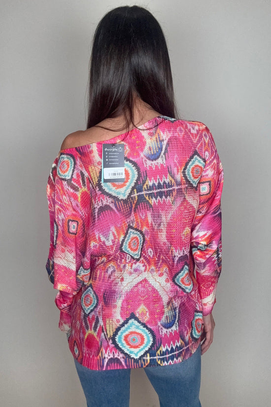Fuchsia Tribal Ikat Round Knit Printed Sweater - Born To Glam Born To Glam