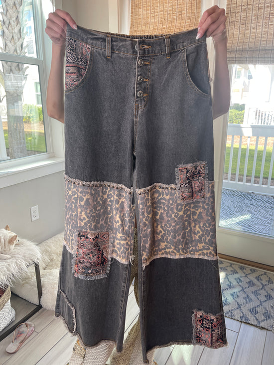 Black Leopard Patch Black Denim Printed Waist String Woven Pants - Born To Glam Born To Glam