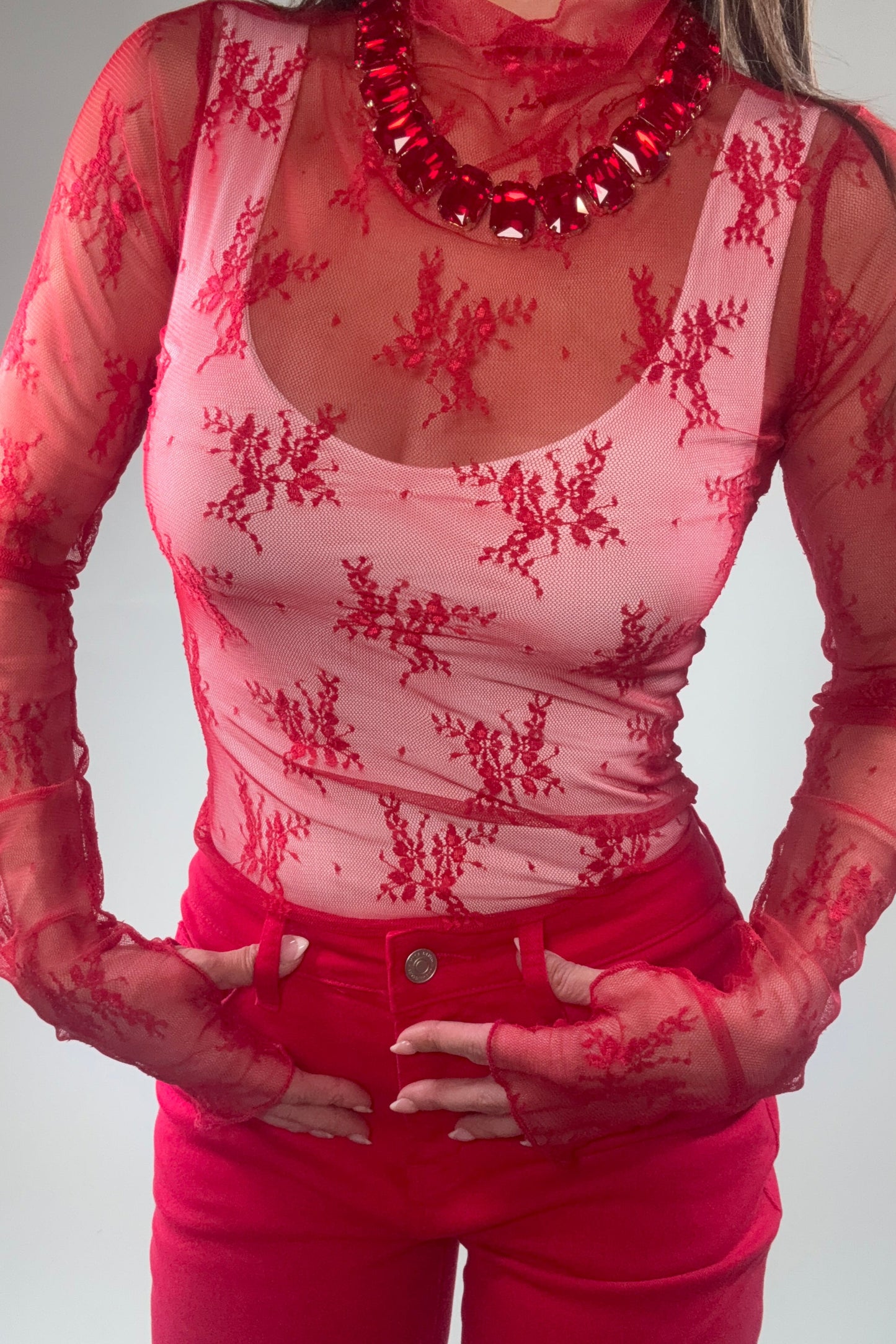 Mesh Lace High Neck Design Long Sleeve Fitted Top Born To Glam