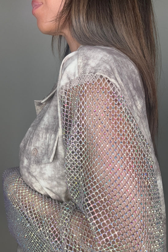 Taupe Tye Dye Crystal Mesh Sleeve Jacket - Born To Glam Born To Glam