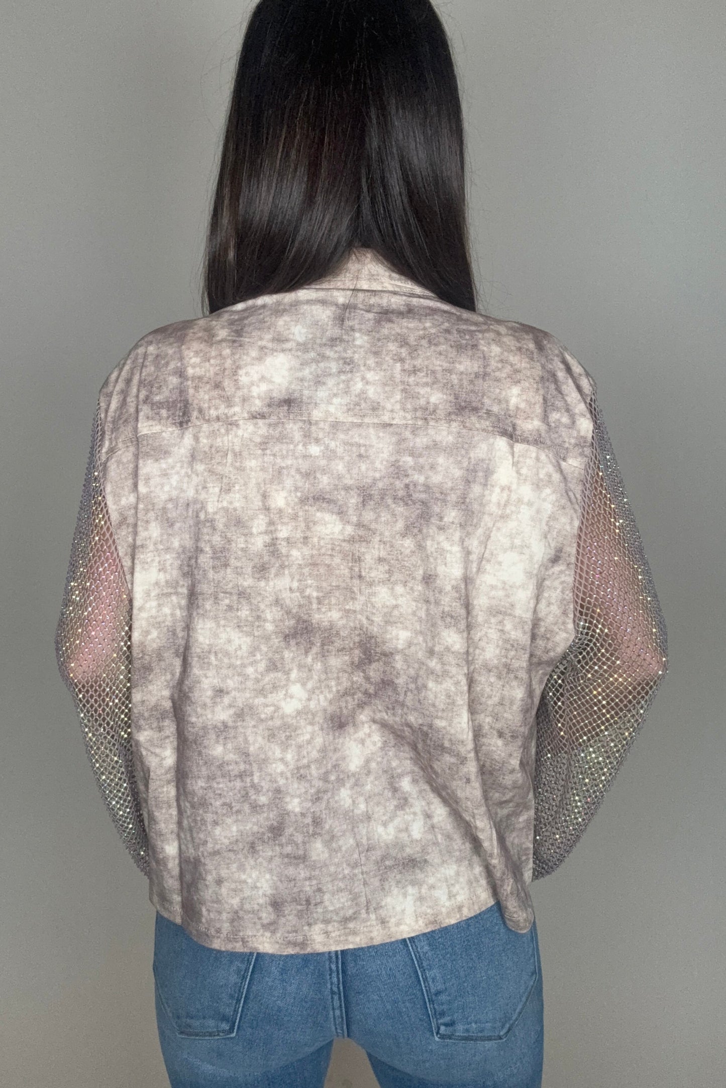 Taupe Tye Dye Crystal Mesh Sleeve Jacket - Born To Glam Born To Glam