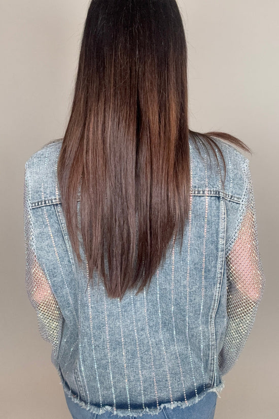 Denim Crystal Mesh Sleeve Jacket - Born To Glam Born To Glam