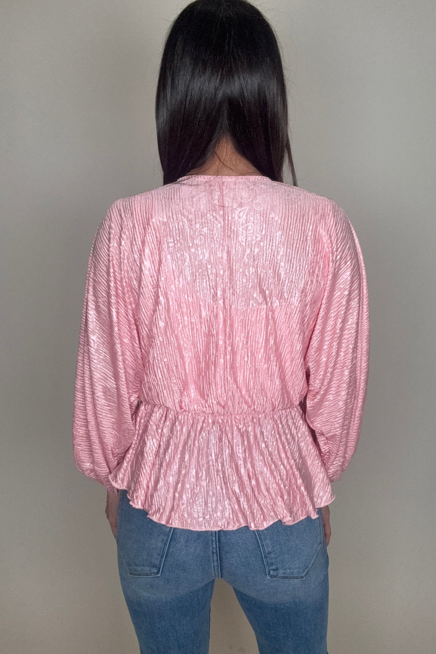 Pink V Neck Crinkle Satin Top - Born To Glam Born To Glam