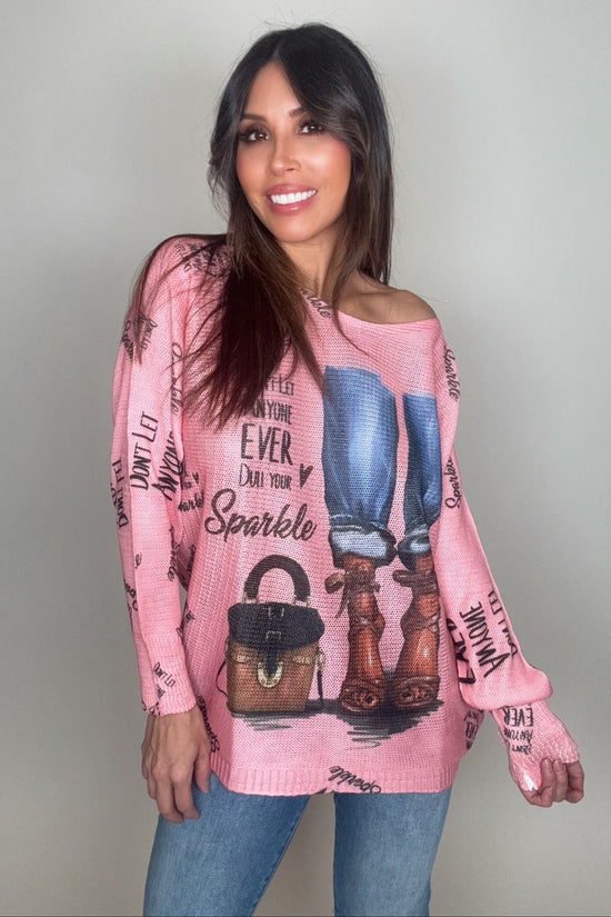 Pink Fashion Knit Round Neck Printed Sweater - Born To Glam Born To Glam