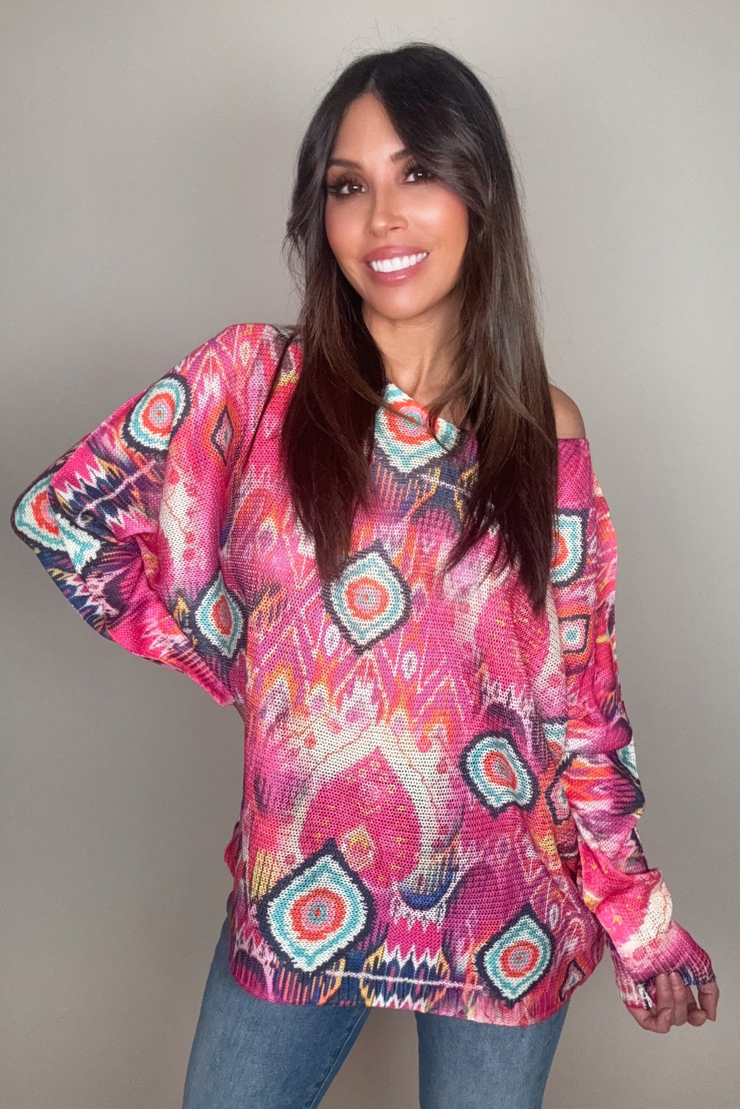 Fuchsia Tribal Ikat Round Knit Printed Sweater - Born To Glam Born To Glam