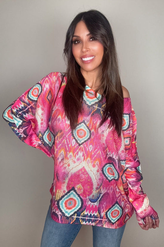 Fuchsia Tribal Ikat Round Knit Printed Sweater - Born To Glam Born To Glam