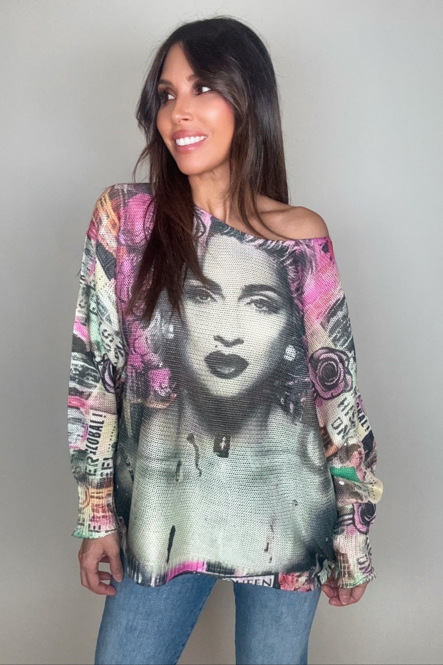Gray Face Knit Printed Sweater - Born To Glam Born To Glam