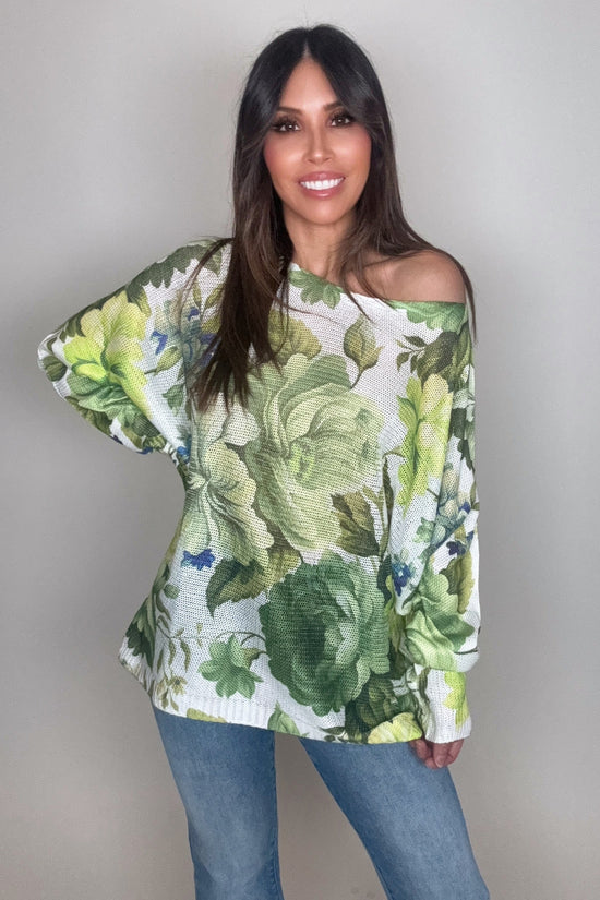 Olive Floral Round Neck Knit Printed Sweater - Born To Glam Born To Glam