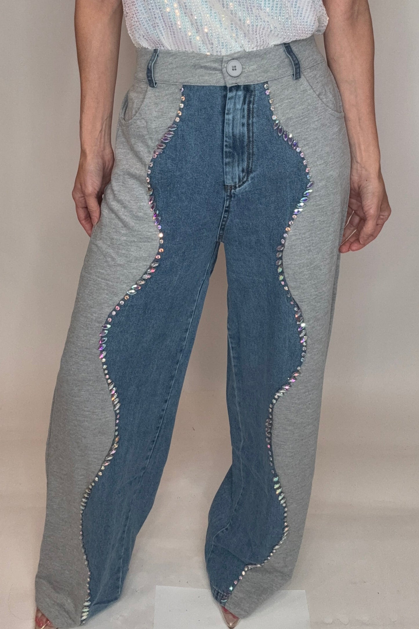 Contrast Embellished Jeans - Born To Glam Born To Glam