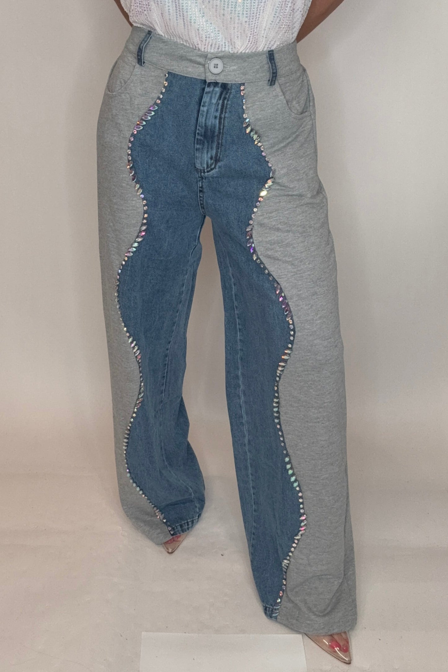 Contrast Embellished Jeans - Born To Glam Born To Glam