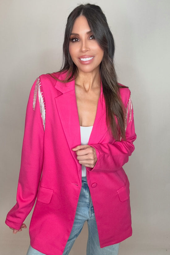 Hot Pink Boyfriend Rhinestone Shoulder Blazer - Born To Glam Born To Glam