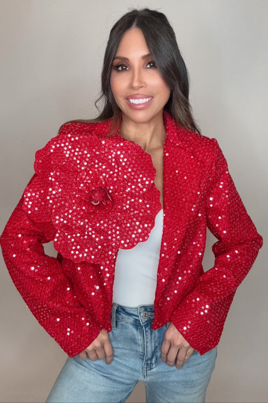 Red Florette Shoulder Sequin Jacket - Born To Glam Born To Glam