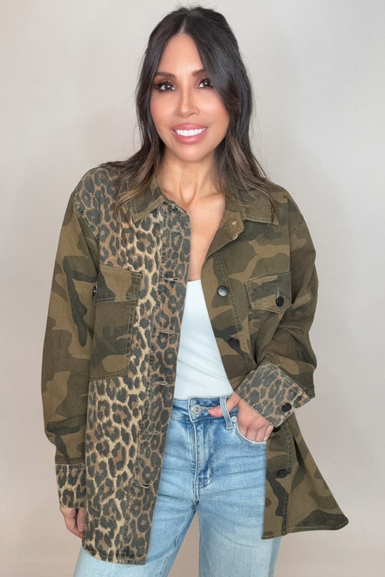 Camo Green Mix Media Leopard Snap Jacket - Born To Glam Born To Glam