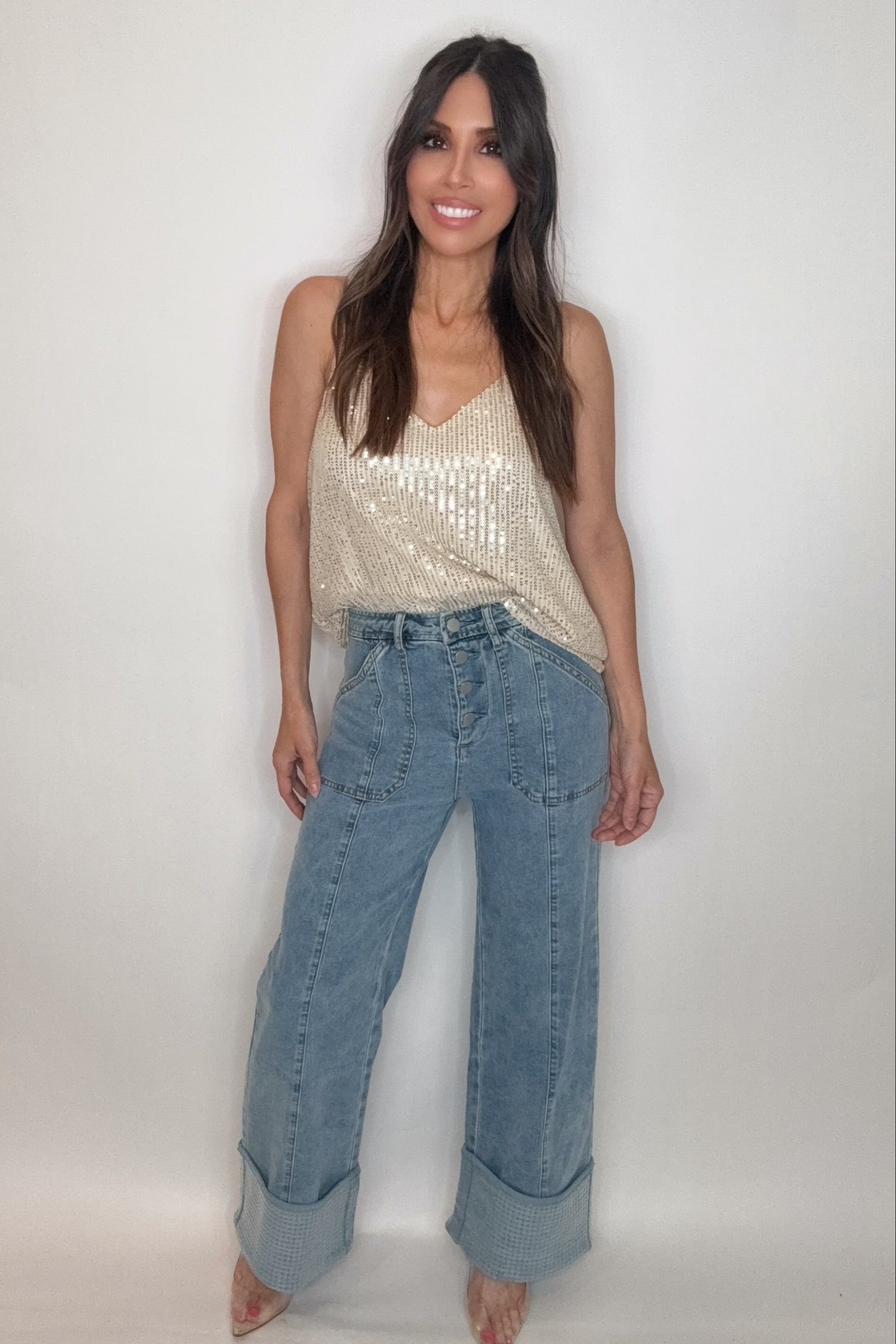 Cuffed Sequin Bottom Detailed Jeans - Born To Glam Born To Glam