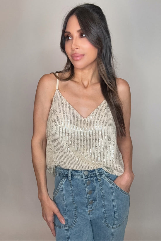 Sequin V-Neck Adjustable Strap Camisole Top - Born To Glam Born To Glam