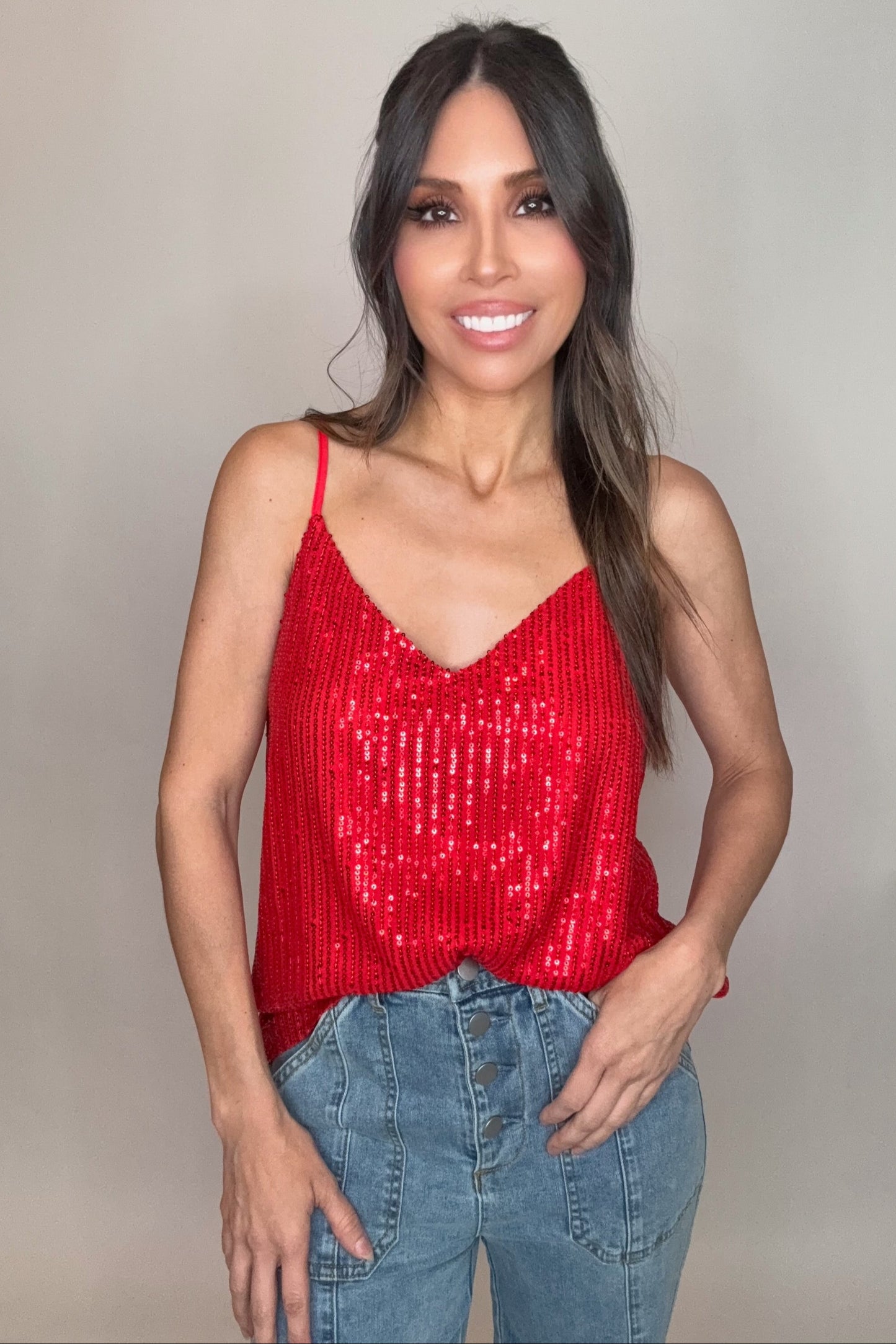 Sequin V-Neck Adjustable Strap Camisole Top - Born To Glam Born To Glam