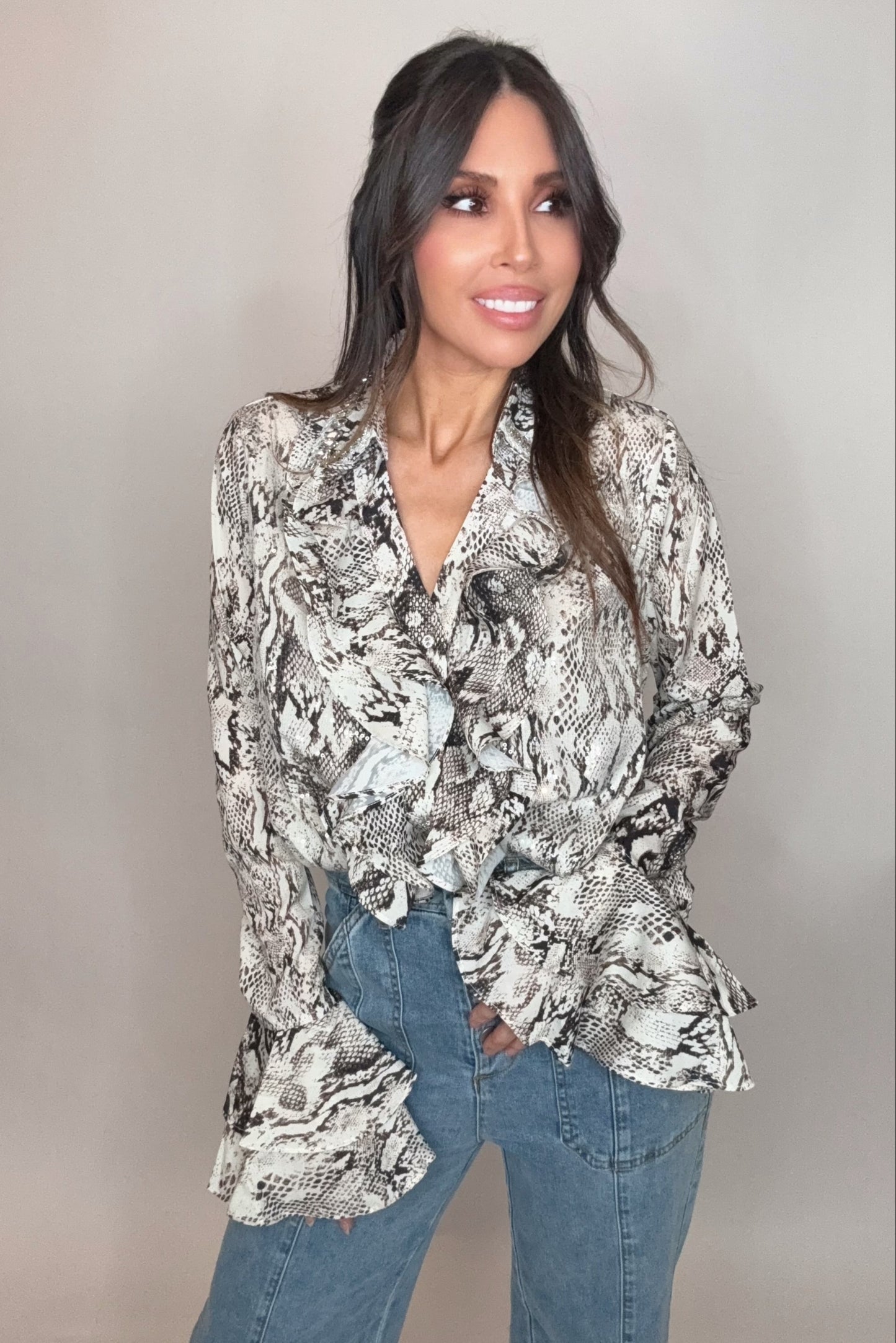 Snake Print Ruffle Blouse - Born To Glam Born To Glam