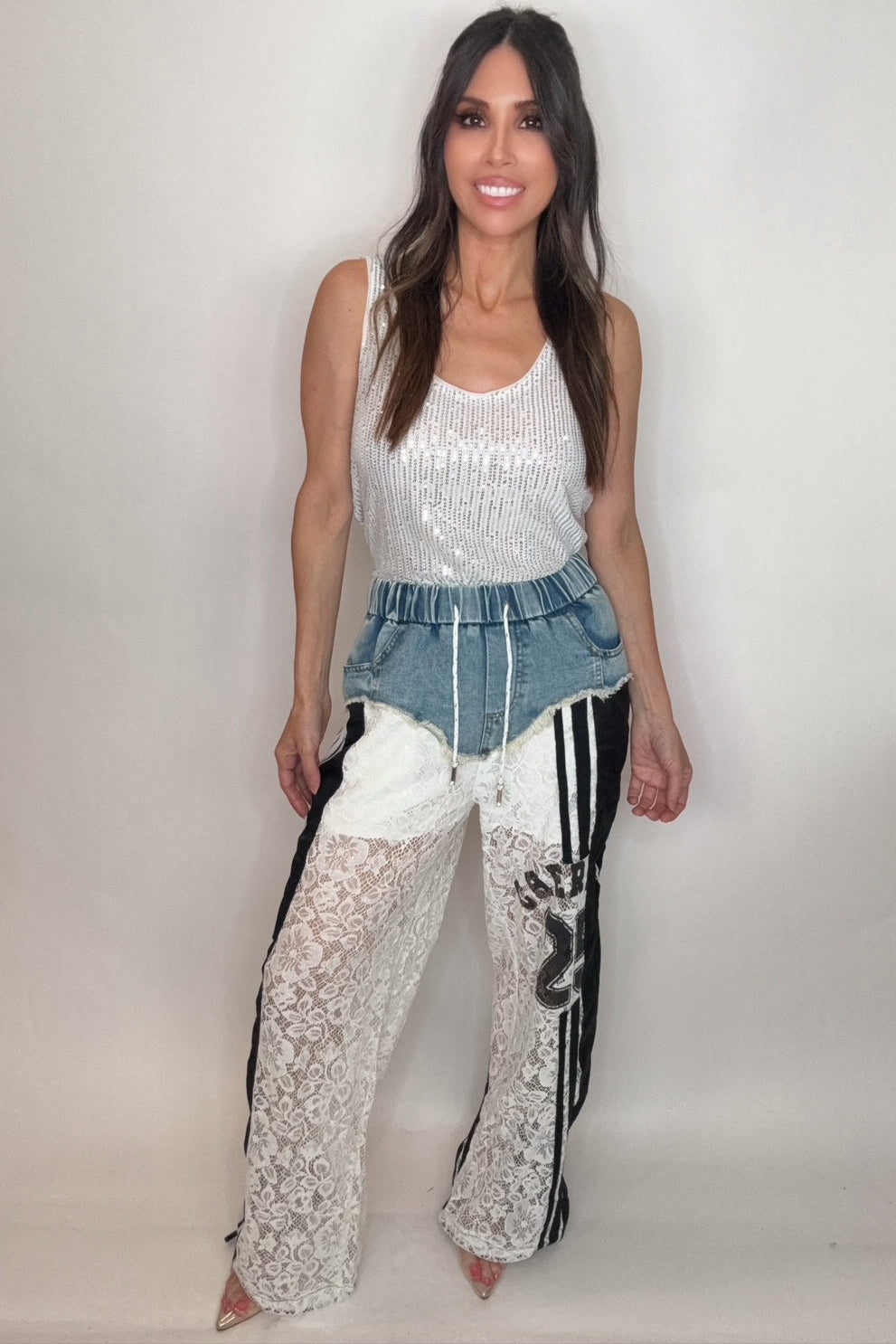 Denim Lace Sport Pants with Number Patch - Born To Glam Born To Glam