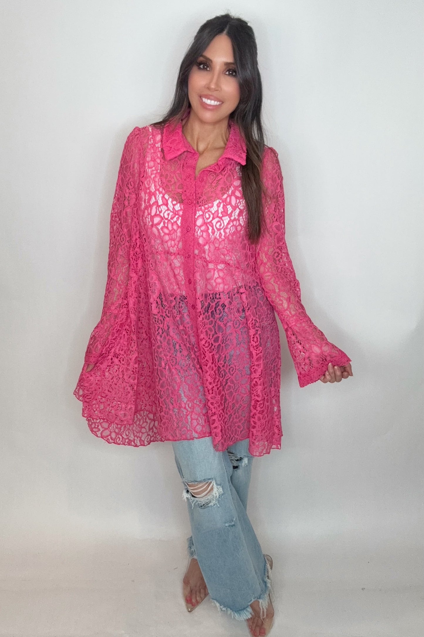 Pink Lace Bell Sleeve Button Up Tunic Top - Born To Glam Born To Glam