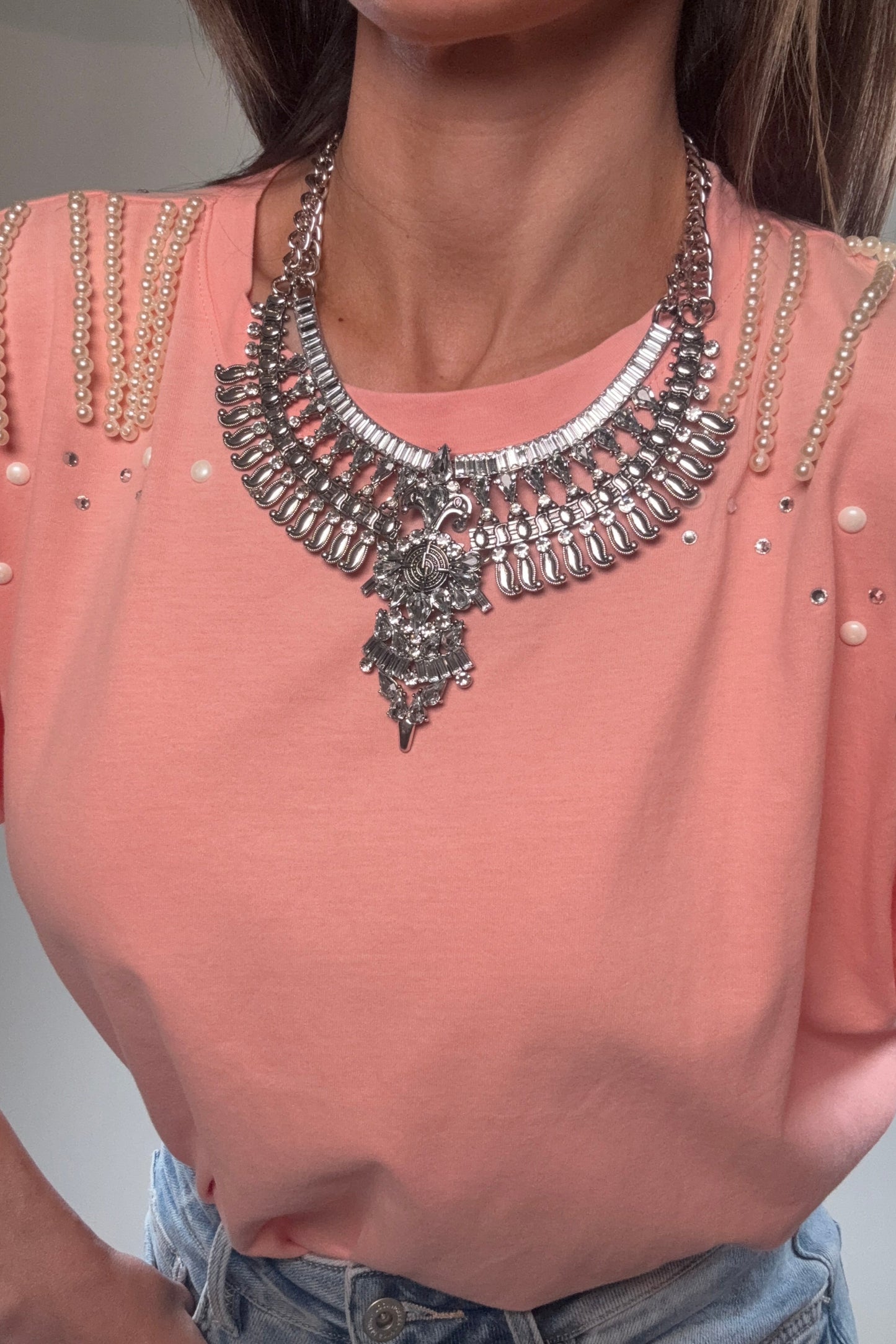 Pearl Fringe Shoulder T Shirt Born To Glam