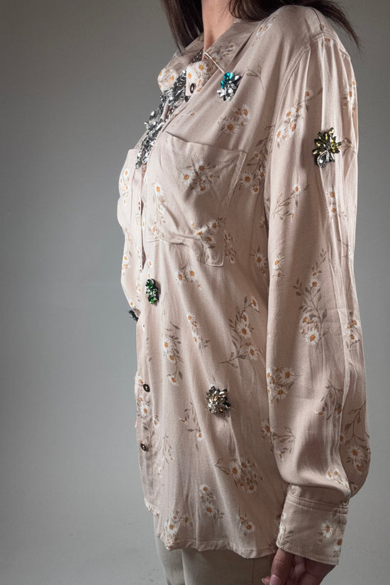 Floral Button Up Jeweled Shirt Blouse Born To Glam