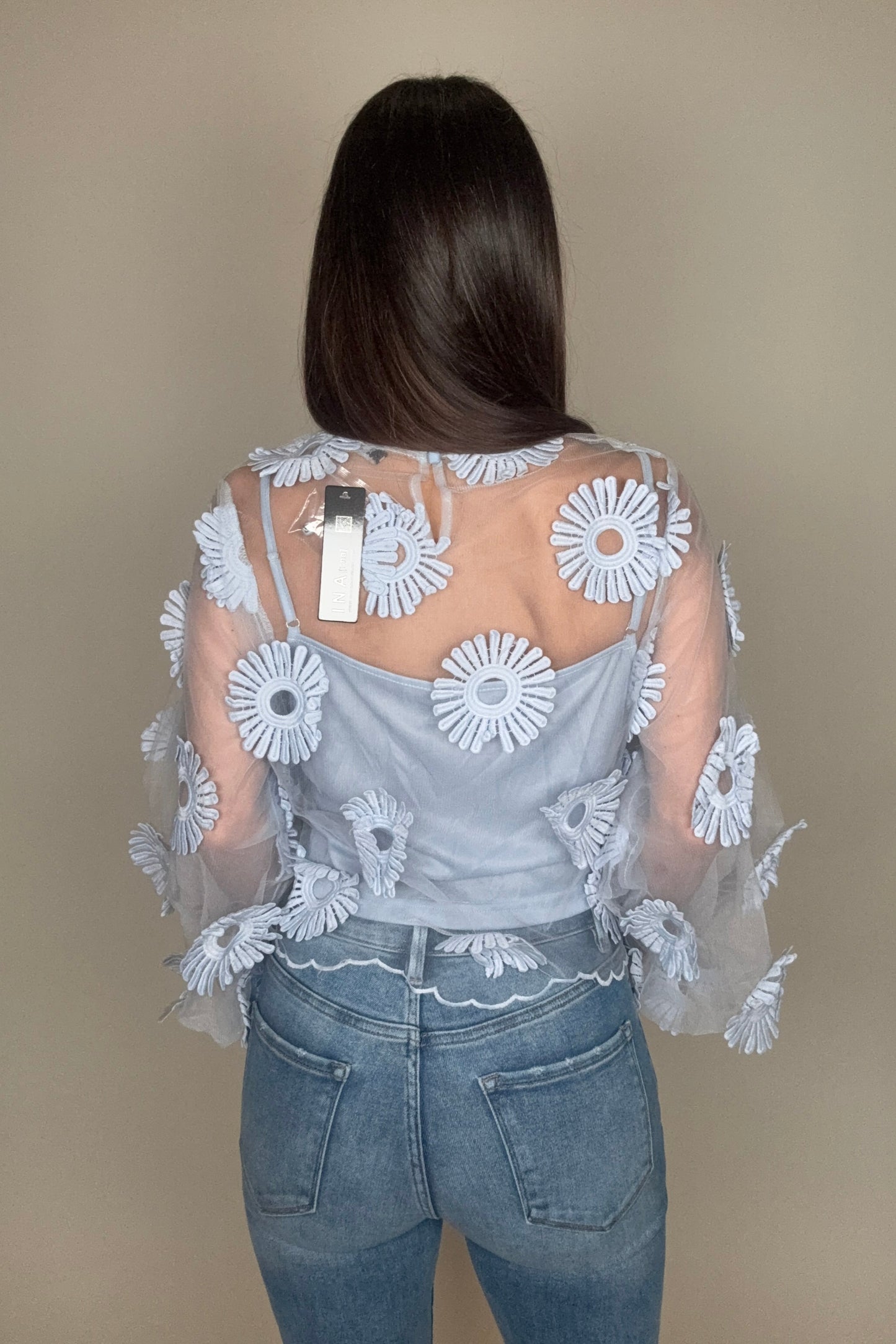 Long Sleeve Floral Applique Tulle Top - Born To Glam Born To Glam