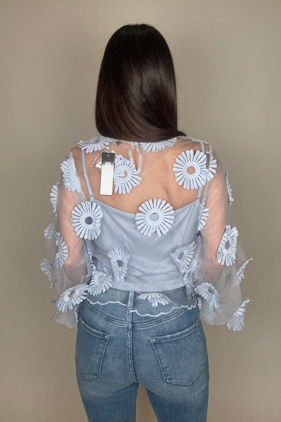 Long Sleeve Floral Applique Tulle Top - Born To Glam Born To Glam