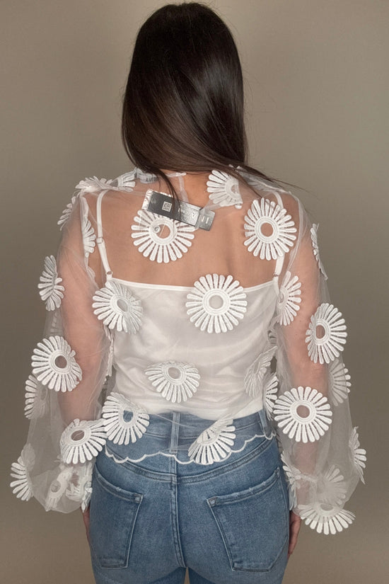 Long Sleeve Floral Applique Tulle Top - Born To Glam Born To Glam