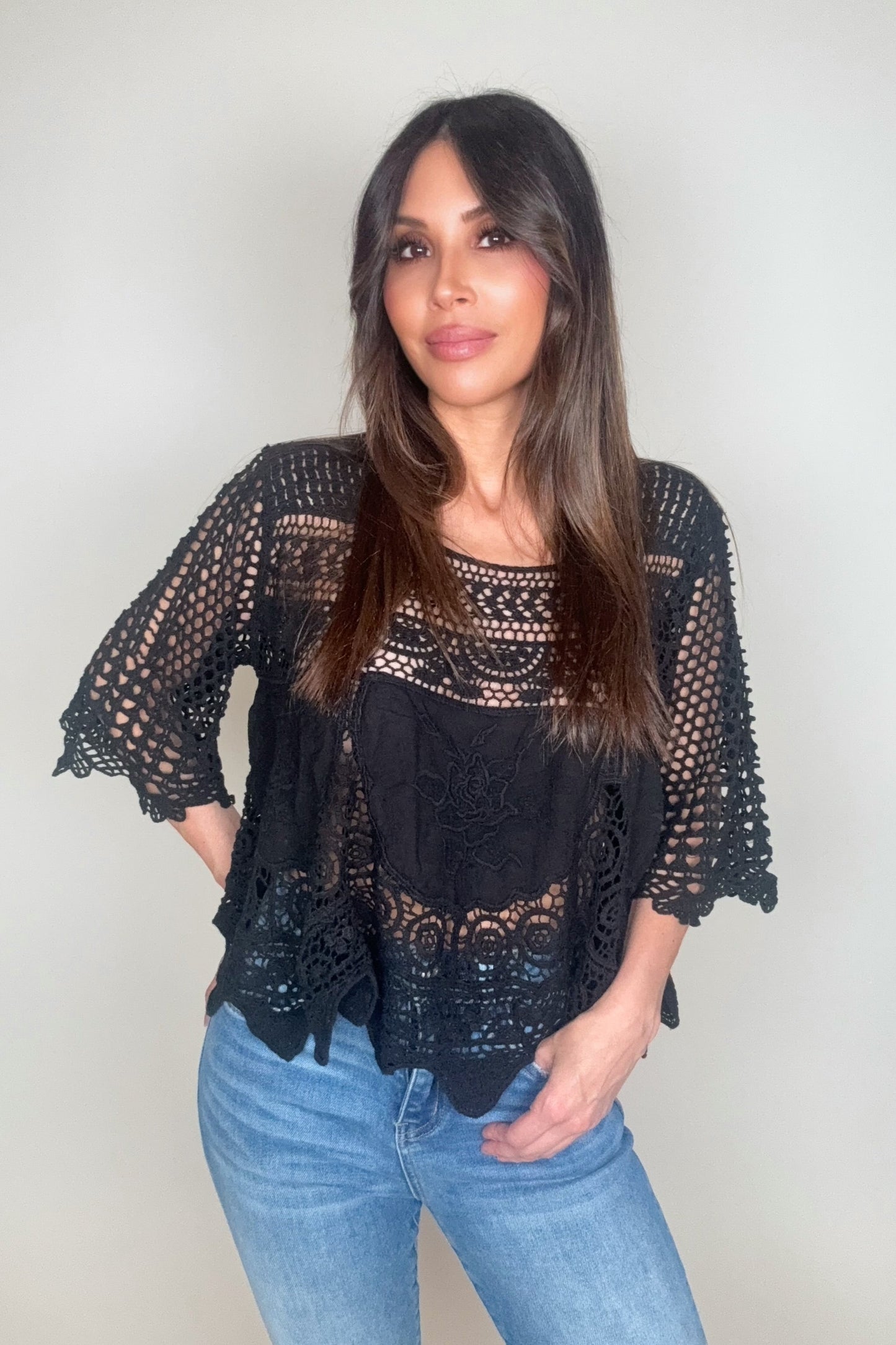 Black Oversized Lace And Crochet Top - Born To Glam Born To Glam