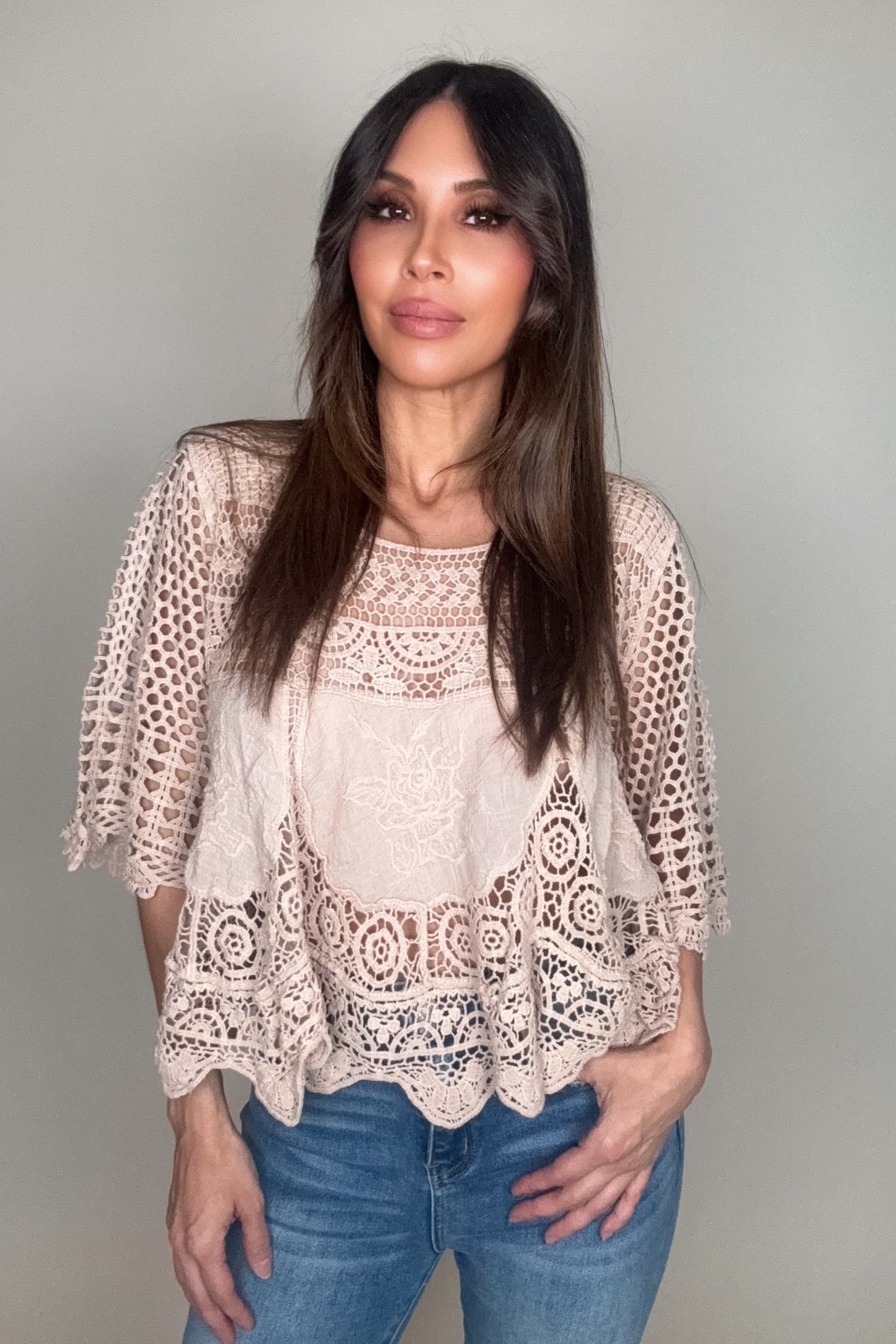 Taupe Oversized Lace And Crochet Top - Born To Glam Born To Glam