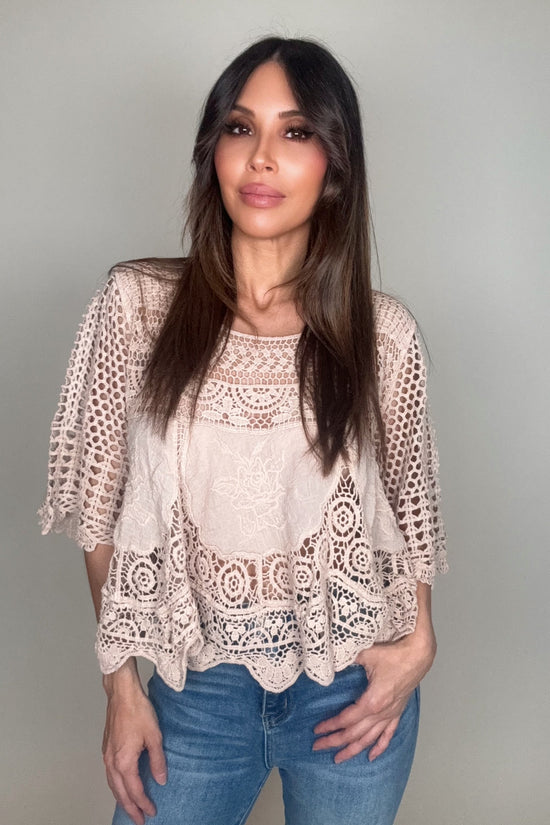 Taupe Oversized Lace And Crochet Top - Born To Glam Born To Glam