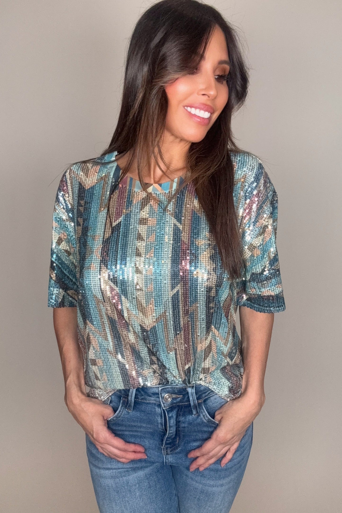 Silver Turquoise Geo Sequin Tee - Born To Glam Born To Glam
