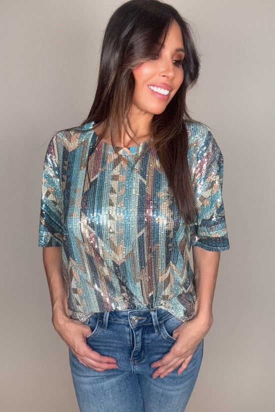 Silver Turquoise Geo Sequin Tee - Born To Glam Born To Glam