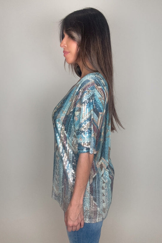 Silver Turquoise Geo Sequin Tee - Born To Glam Born To Glam