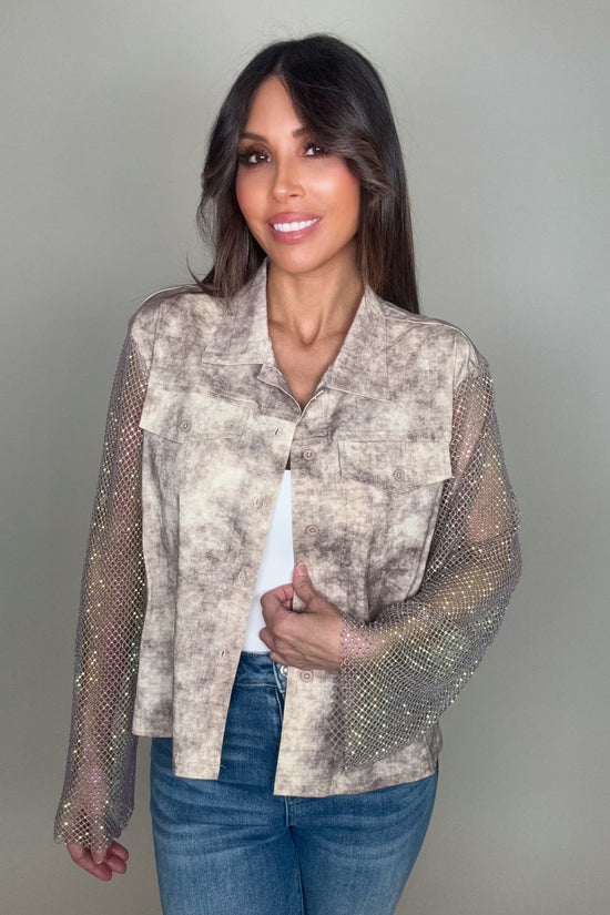 Taupe Tye Dye Crystal Mesh Sleeve Jacket - Born To Glam Born To Glam