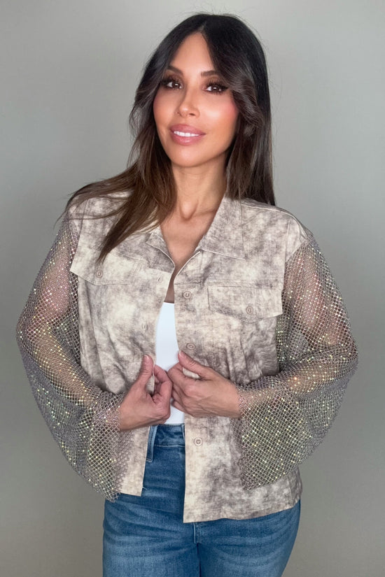 Taupe Tye Dye Crystal Mesh Sleeve Jacket - Born To Glam Born To Glam