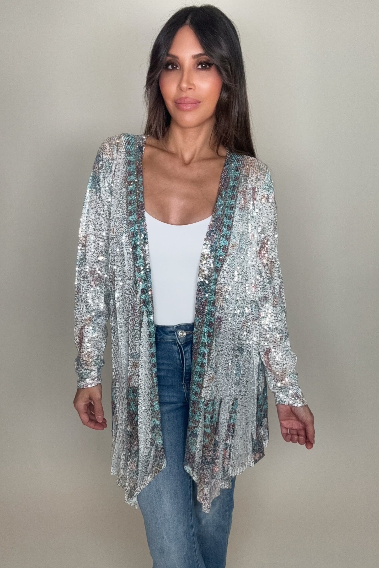 Silver Turquoise Sequin Cardigan - Born To Glam Born To Glam