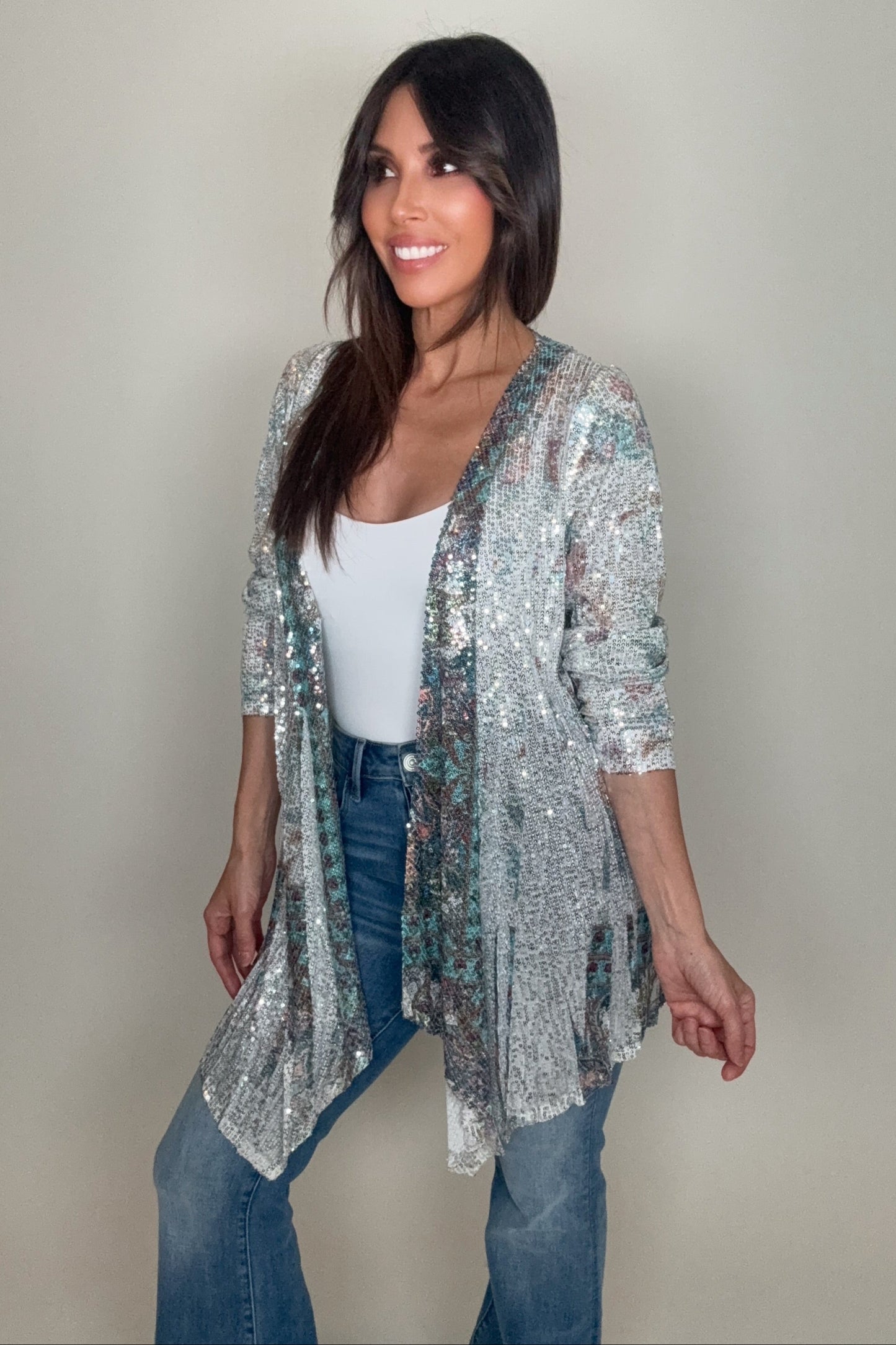 Silver Turquoise Sequin Cardigan - Born To Glam Born To Glam