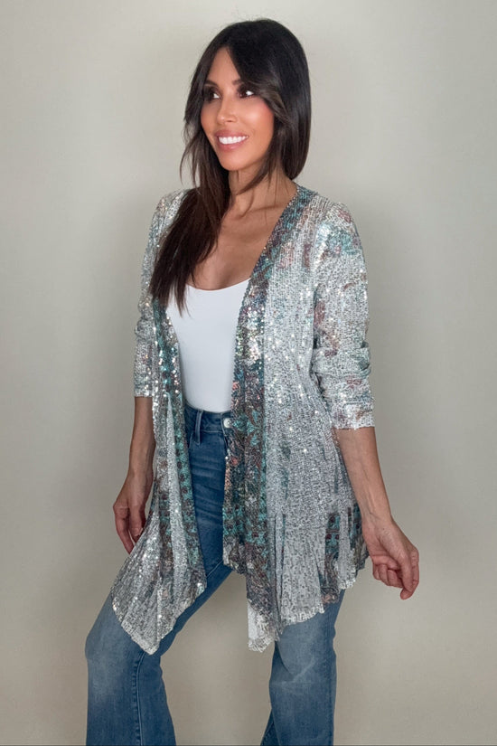 Silver Turquoise Sequin Cardigan - Born To Glam Born To Glam